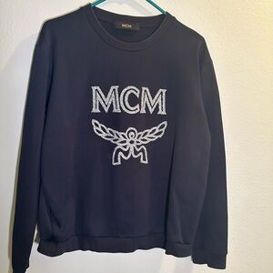 MCM Crystal Embellishment Logo Black Crewneck Sweater